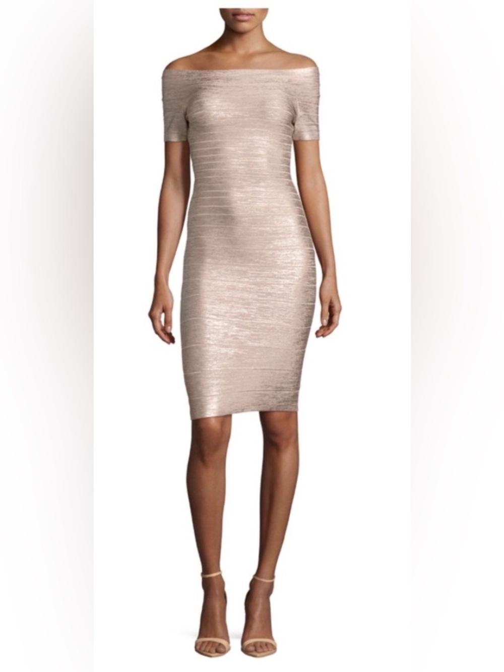 HERVE LEGER Carmen Off Shoulder Dress Rose Gold Metallic $1,290 NWT